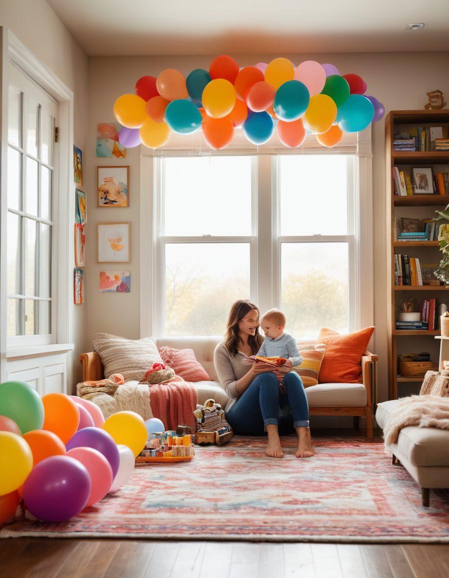 A cozy parent-child scene featuring a happy family enjoying various baby freebies like toys, books, and baby gear surrounded by colorful balloons. Include a gentle sunlight filtering through a window, highlighting joyful expressions on their faces. In the background, a shelf filled with parenting resources and a soft rug beneath them. Playful and warm atmosphere. super-realistic. vibrant colors. cozy setting.