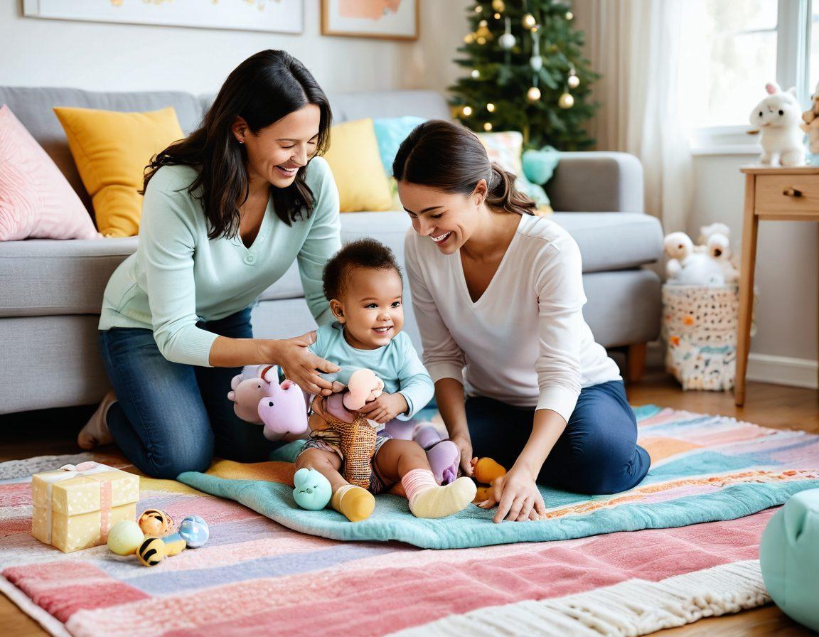 A heartwarming scene of parents joyfully receiving free baby products in a cozy living room filled with soft baby toys and pastel colors. Include a delightful baby crawling on a colorful playmat, with gift boxes wrapped in cheerful patterns around them. Illustrate a sense of community and support with parents smiling and sharing tips. Emphasize warmth and excitement. vibrant colors. super-realistic.