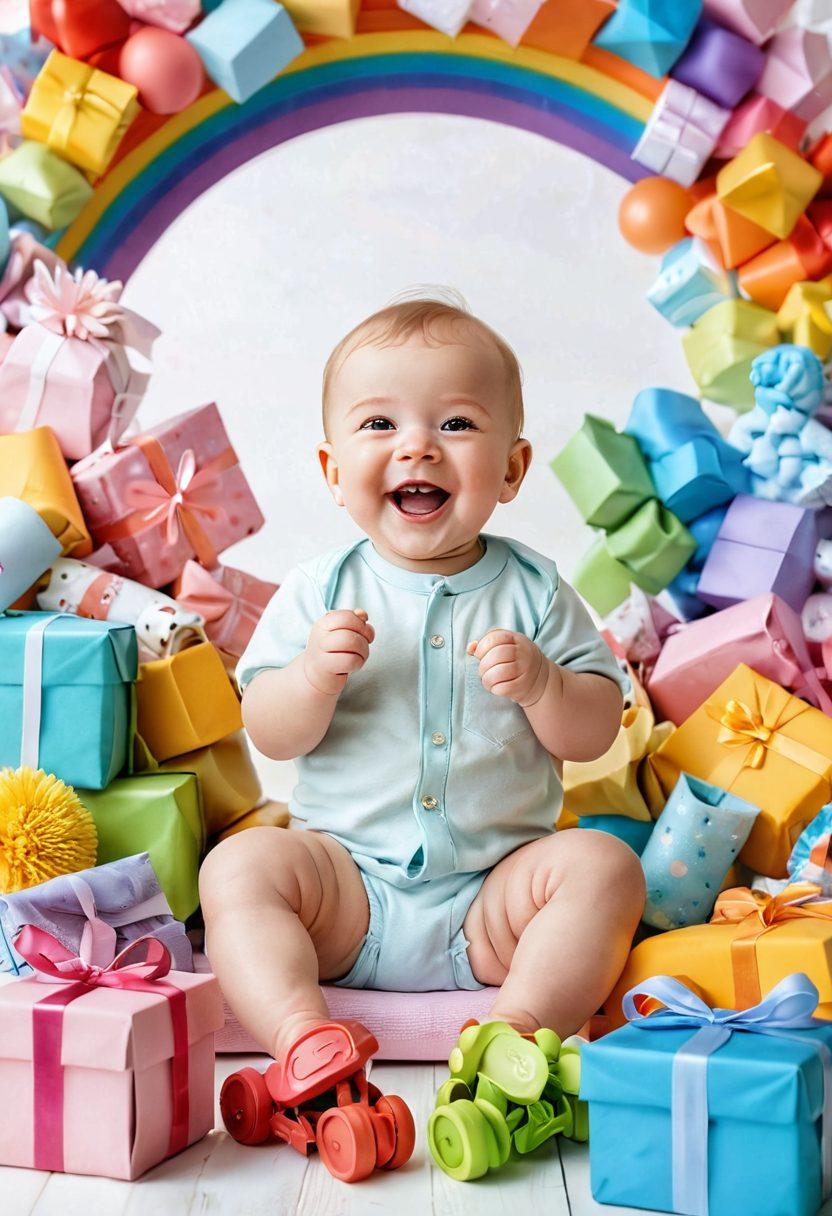 A joyful baby surrounded by colorful toys and discount coupons, with a playful atmosphere radiating excitement and happiness. Include a whimsical background featuring a rainbow, strollers, and gift boxes to symbolize giveaways. Soft pastel colors to evoke warmth and tenderness. super-realistic. vibrant colors. white background.